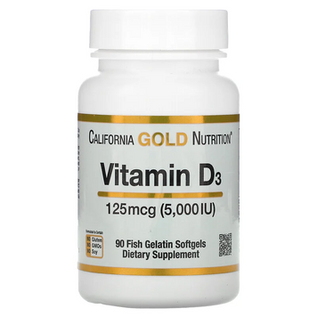 California Gold Nutrition, Витамин D3, 125 мкг (5000 МЕ), 90 капсул из рыбьего желатина (CGN-01065), фото