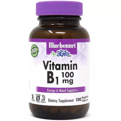 Витамин B1 100 мг, Vitamin B1, Bluebonnet Nutrition, 100 вегетарианских капсул (BLB-00425), фото