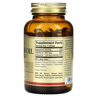 Олія печінки тріски вітаміни A та D Solgar Cod Liver Oil Vitamins A and D - 100 капсул, фото