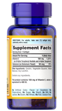 Витамин Е с селеном, Vitamin E, Puritan's Pride, 400 МЕ/50 мкг, 100 гелевых капсул (PTP-50918), фото