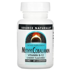 Source Naturals, метилкобаламін, вітамін B12, зі смаком вишні, 5 мг, 60 пастилок (SNS-01329), фото