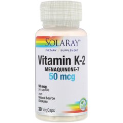 Solaray, Витамин K-2, менахинон-7, 50 мкг, 30 вегетарианских капсул (SOR-36153), фото