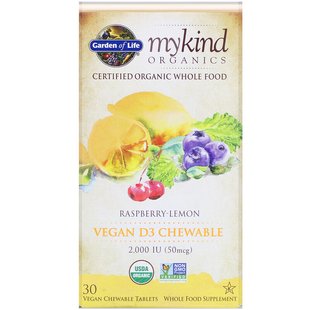 Garden of Life, MyKind Organics, веганські вітамін D3, зі смаком малини і лимона, 2000 МО, 30 вегетаріанських жувальних таблеток (GOL-11861), фото