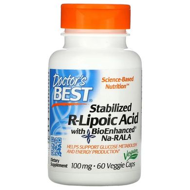 Doctor's Best, стабілізована R-ліпоєва кислота з BioEnhanced Na-RALA, 100 мг, 60 вегетаріанських капсул (DRB-00123), фото