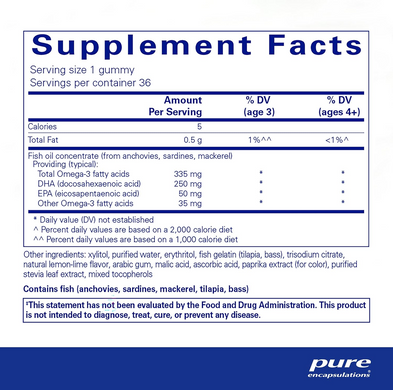 Pure Encapsulations, PureNutrients EPA/DHA Gummy, Рыбий жир ЭПК/ДГК, лимонно-лаймовый вкус, 36 жевательных таблеток (PE-02180), фото