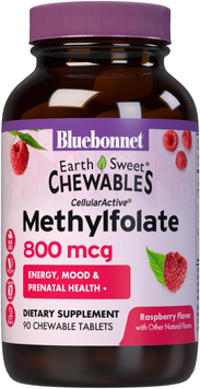 Метилфолат (B9) 800 мкг, вкус малины, Earth Sweet Chewables, Bluebonnet Nutrition, 90 жевательных таблеток (BLB-00454), фото