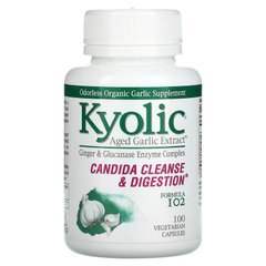 Kyolic, екстракт витриманого часнику, формула 102 для видалення дріжджового грибка та поліпшення травлення, 100 рослинних капсул (WAK-10241), фото