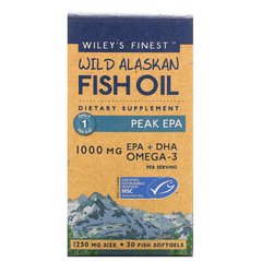 Wiley's Finest, рыбий жир диких аляскинских рыб, максимальное содержание ЭПК, 1250 мг, 30 рыбных капсул (WIF-00401), фото