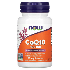 Now Foods, CoQ10 з ягодами глоду, 100 мг, 30 рослинних капсул (NOW-03210), фото