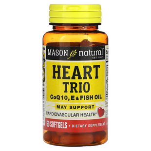 Здоров'я серця і судин, Heart Trio CoQ10, Vitamin E & Fish Oil, Mason Natural, 60 гелевих капсул (MAV-14115), фото