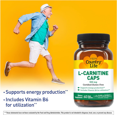 Country Life, L-карнітин тартрат, 500 мг, 60 рослинних капсул (CLF-01075), фото