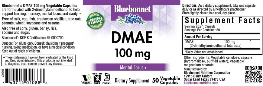 Bluebonnet Nutrition, DMAE, 100 мг, 50 растительных капсул (BLB-01088), фото