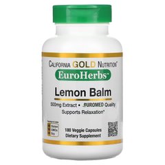 California Gold Nutrition, EuroHerbs, екстракт меліси лікарської, європейська якість, 500 мг, 180 вегетаріанських капсул (CGN-01280), фото
