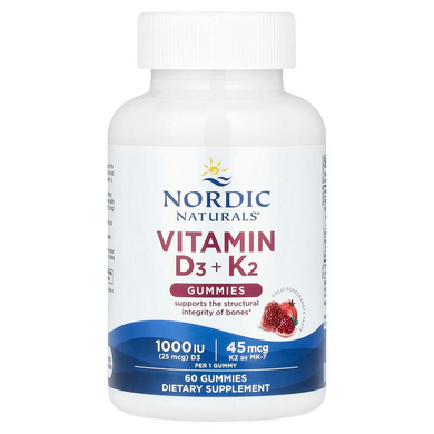 Nordic Naturals, жувальні цукерки з вітаміном D3+K2, гранат, 25 мкг (1000 МО), 60 жувальних цукерок (NOR-31160), фото