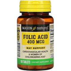 Фолієва кислота, 400 мкг, Folic Acid, Mason Natural, 100 таблеток (MAV-06531), фото