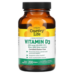 Country Life, Витамин D3, High Potency, 250 мкг (10000 МЕ), 200 капсул (CLF-05816), фото