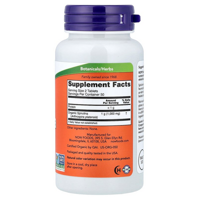 Органическая спирулина 500 мг NOW Foods Organic Spirulina - 100 таблеток, фото