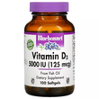 Bluebonnet Nutrition, витамин D3, 125 мкг (5000 МЕ), 100 мягких желатиновых капсул (BLB-00321)