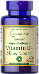 Витамин Д3, Vitamin D3, Puritan's Pride, 2000 МЕ, 200 капсул (PTP-17618), фото