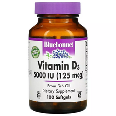 Bluebonnet Nutrition, витамин D3, 125 мкг (5000 МЕ), 100 мягких желатиновых капсул (BLB-00321), фото