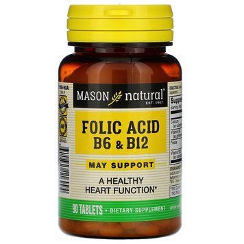 Фолієва кислота B6 і B12, Folic Acid B6 & B12, Mason Natural, 90 таблеток (MAV-11699), фото