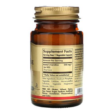 Solgar, Ацетил-L-Карнітін, 250 мг, 30 вегетаріанських капсул (SOL-00015), фото