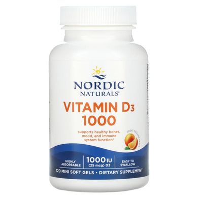Nordic Naturals, Витамин D3, апельсин, 25 мкг (1000 МЕ), 120 мягких желатиновых капсул (NOR-01600), фото