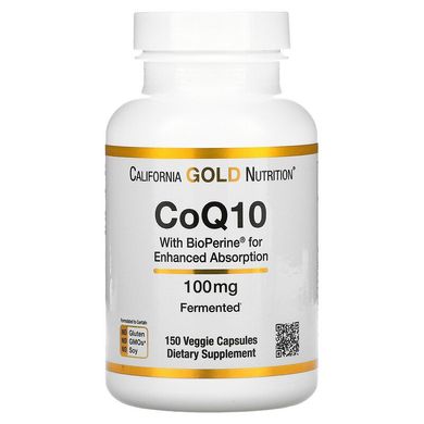 California Gold Nutrition, коензим Q10 класу USP з екстрактом BioPerine, 100 мг, 150 рослинних капсул (CGN-01428), фото