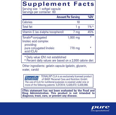 Конъюгированная линолевая кислота, CLA, Pure Encapsulations, 1000 мг, 60 капсул, (PE-00560), фото
