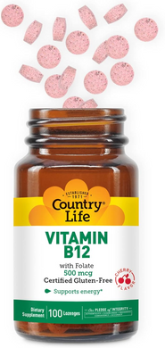 Вітамін В-12 та фолієва кислота, Vitamin B12, Country Life, 500 мкг, 100 льодяників (CLF-06295), фото