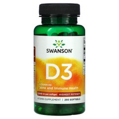 Swanson, Вітамін D3, для підтримки здоров'я та імунітету, найвища ефективність, 5000 МО, 250 м'яких гелевих капсул (SWV-11371), фото