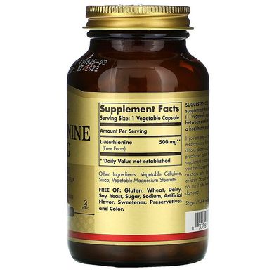 Solgar, L-метіонін, 500 мг, 90 рослинних капсул (SOL-01754), фото