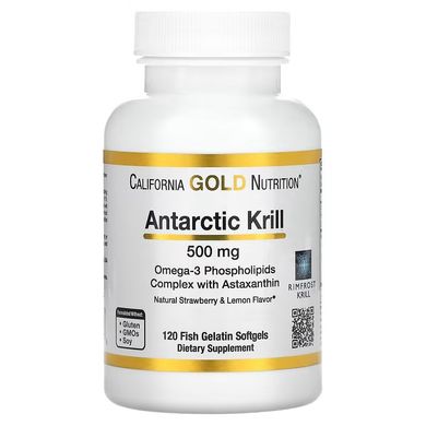 California Gold Nutrition, олія антарктичного криля, комплекс фосфоліпідів з омега-3 з астаксантином, натуральний полунично-лимонний смак, 500 мг, 120 капсул з риб'ячого желатину (CGN-01101), фото