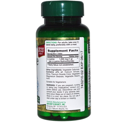 Nature's Bounty, L-Lysine, 1000 мг, 60 Tablets (NRT-06011), фото