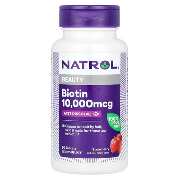 Natrol, Биотин, максимальная эффективность, клубника, 10 000 мкг, 60 таблеток (NTL-06885), фото