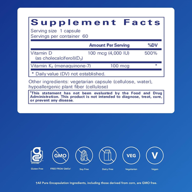 Вітамін D3 + K2 4000 МО/100 мкг Pure Encapsulations Vitamin D3 & K2 - 60 капсул, фото