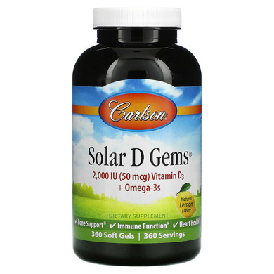 Carlson Labs, Solar D Gems, витамин D3 + омега-3 кислоты, натуральный лимонный вкус, 2000 МЕ, 360 мягких гелевых капсул (CAR-01473), фото