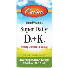 Carlson Labs, Super Daily вітаміни D3 та K2 у рідкій формі, 25 мкг (1000 МО) та 22,5 мкг, рослинна формула, 360 вегетаріанських крапель, 10,16 мл (CAR-10500), фото