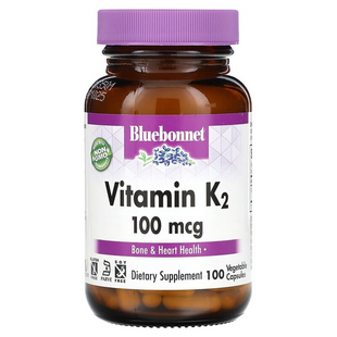 Витамин K2 100 мкг, Vitamin K2, Bluebonnet Nutrition, 100 вегетарианских капсул (BLB-00653), фото