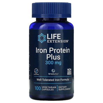 Life Extension, Iron Protein Plus, IronAid, залізо плюс білок, 300 мг, 100 рослинних капсул (LEX-16771), фото