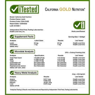 California Gold Nutrition, лютеїн із зеаксантином, 20 мг, 120 рослинних м'яких таблеток (CGN-01403), фото