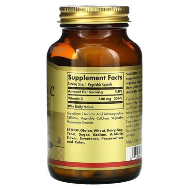 Solgar, вітамін C, 500 мг, 100 рослинних капсул (SOL-03260), фото