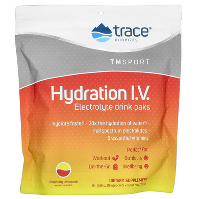 Trace Minerals ®, Hydration IV, Пакеты для напитков с электролитами, малиново-лимонадный вкус, 16 пакетов по 16 г каждый (TMR-00560), фото