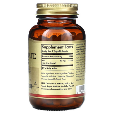 Цитрат цинка 30 мг Solgar Zinc Citrate - 100 капсул, фото