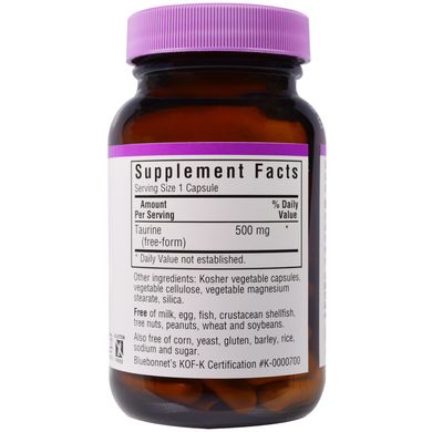Таурин 500 мг, Bluebonnet Nutrition, 50 гелевих капсул (BLB-00084), фото