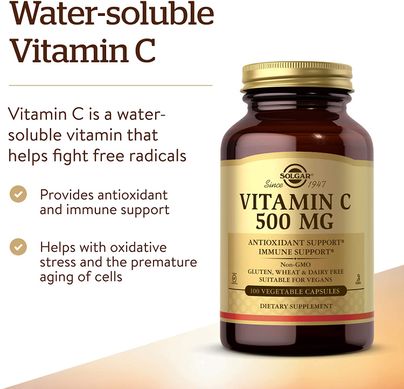 Solgar, вітамін C, 500 мг, 100 рослинних капсул (SOL-03260), фото