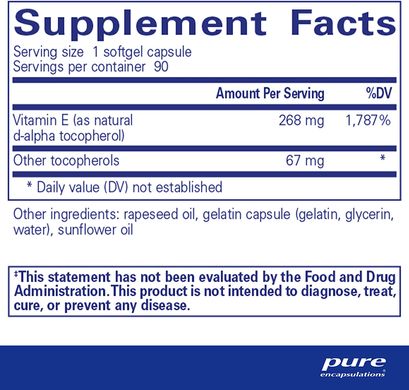 Витамин Е (со смешанными токоферолами), Vitamin E, Pure Encapsulations, 90 капсул, (PE-00093), фото