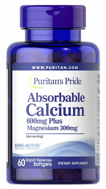 Кальций плюс магний, Absorbable Calcium plus Magnesium, Puritan's Pride, 600 мг/300 мг, 60 гелевых капсул (PTP-56735), фото