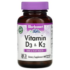 Bluebonnet Nutrition, вітаміни D3 та K2, 60 вегетаріанських капсул (BLB-00654), фото
