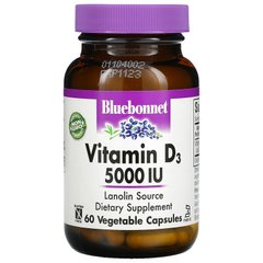 Bluebonnet Nutrition, Витамин D3, 5000 МЕ, 60 растительных капсул (BLB-00368), фото